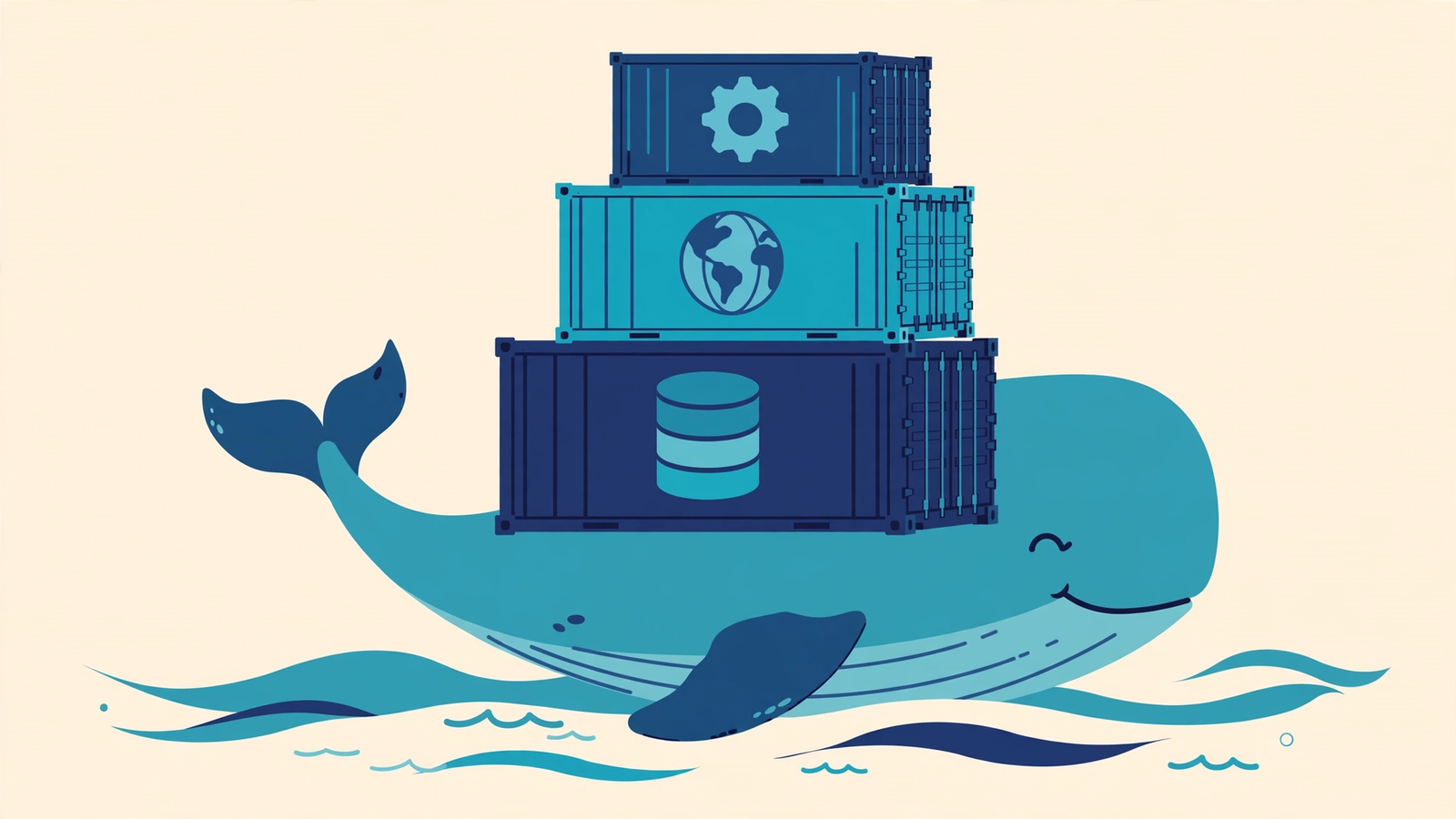 Docker whale carrying containers with app database and web illustration