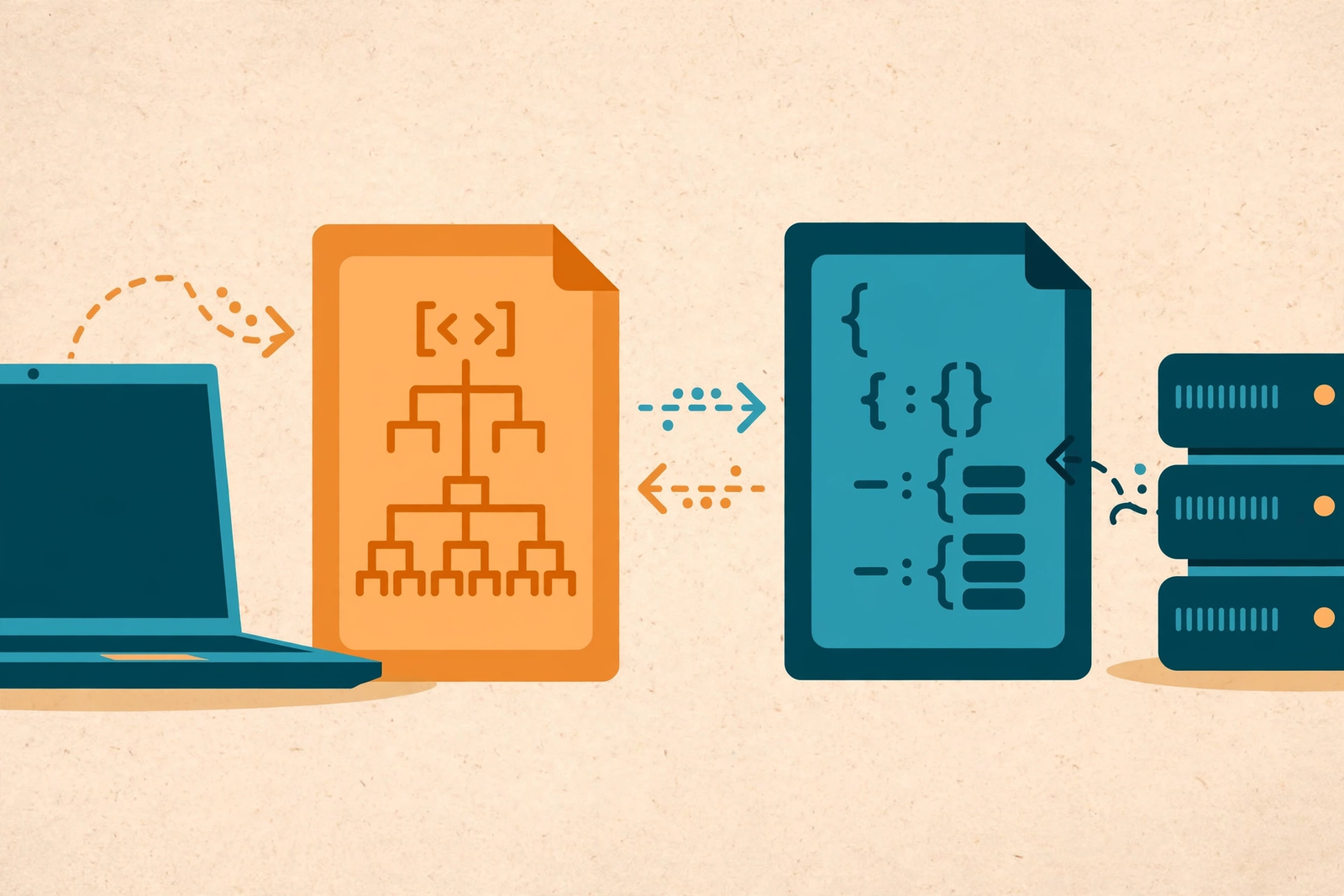 Illustration comparing XML and JSON data formats side by side
