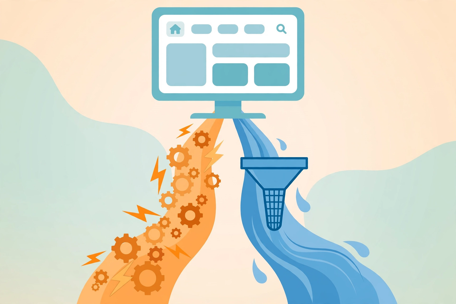 WordPress action hooks and filter hooks illustrated as two streams, one running code at events and one filtering data