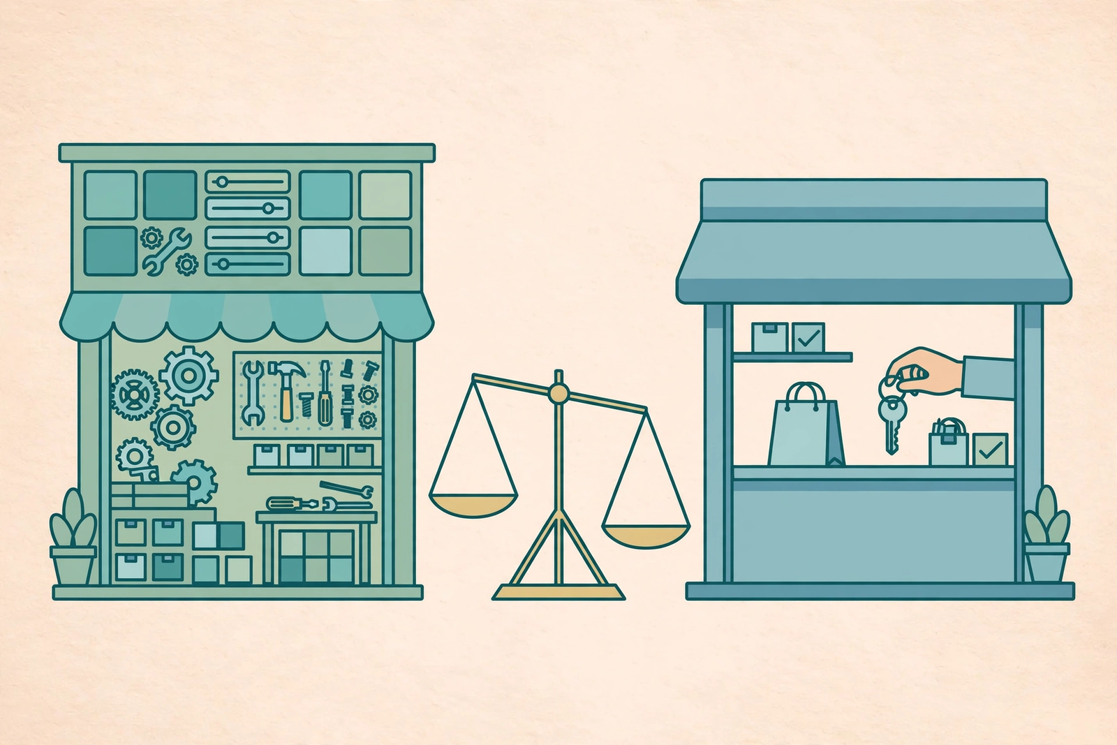WordPress vs Shopify ecommerce comparison illustrated as two online storefronts on a balance scale