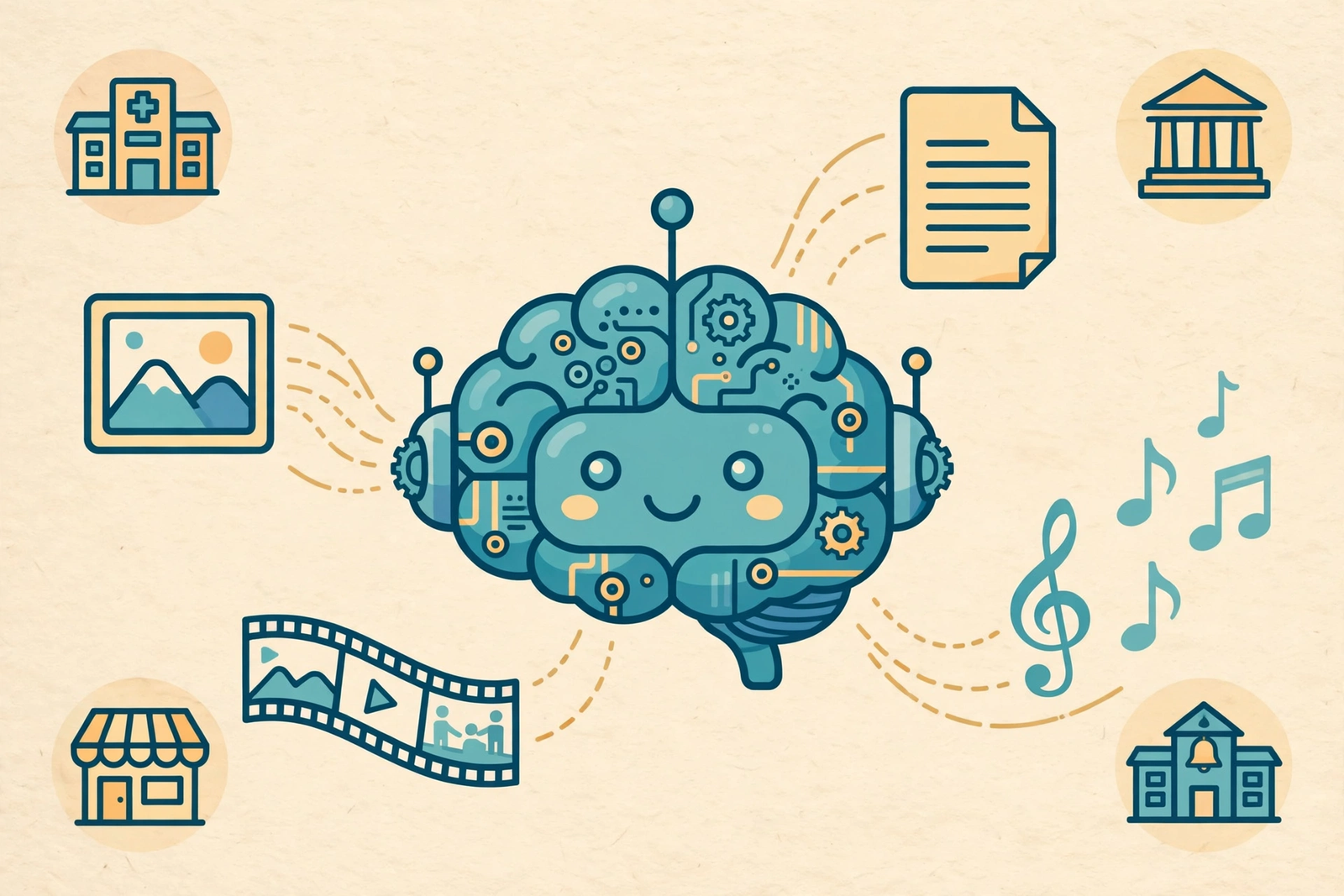 Generative AI illustration showing AI creating content across industries
