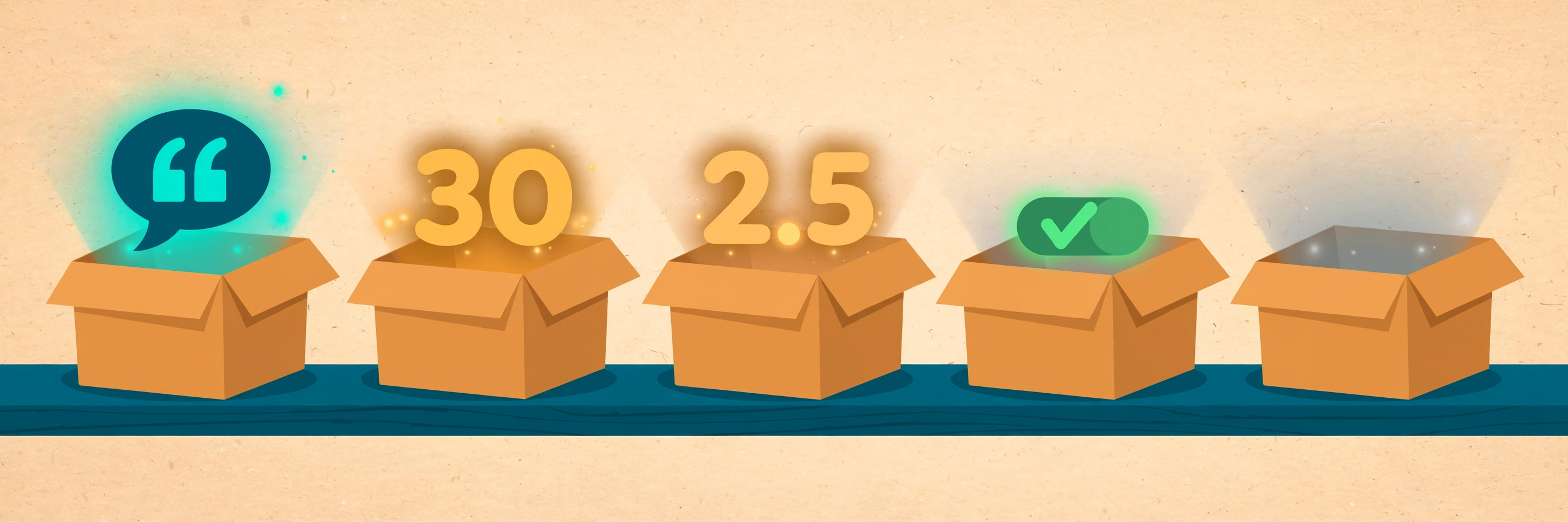 Labelled boxes holding different PHP data types - string, integer, float, boolean and null