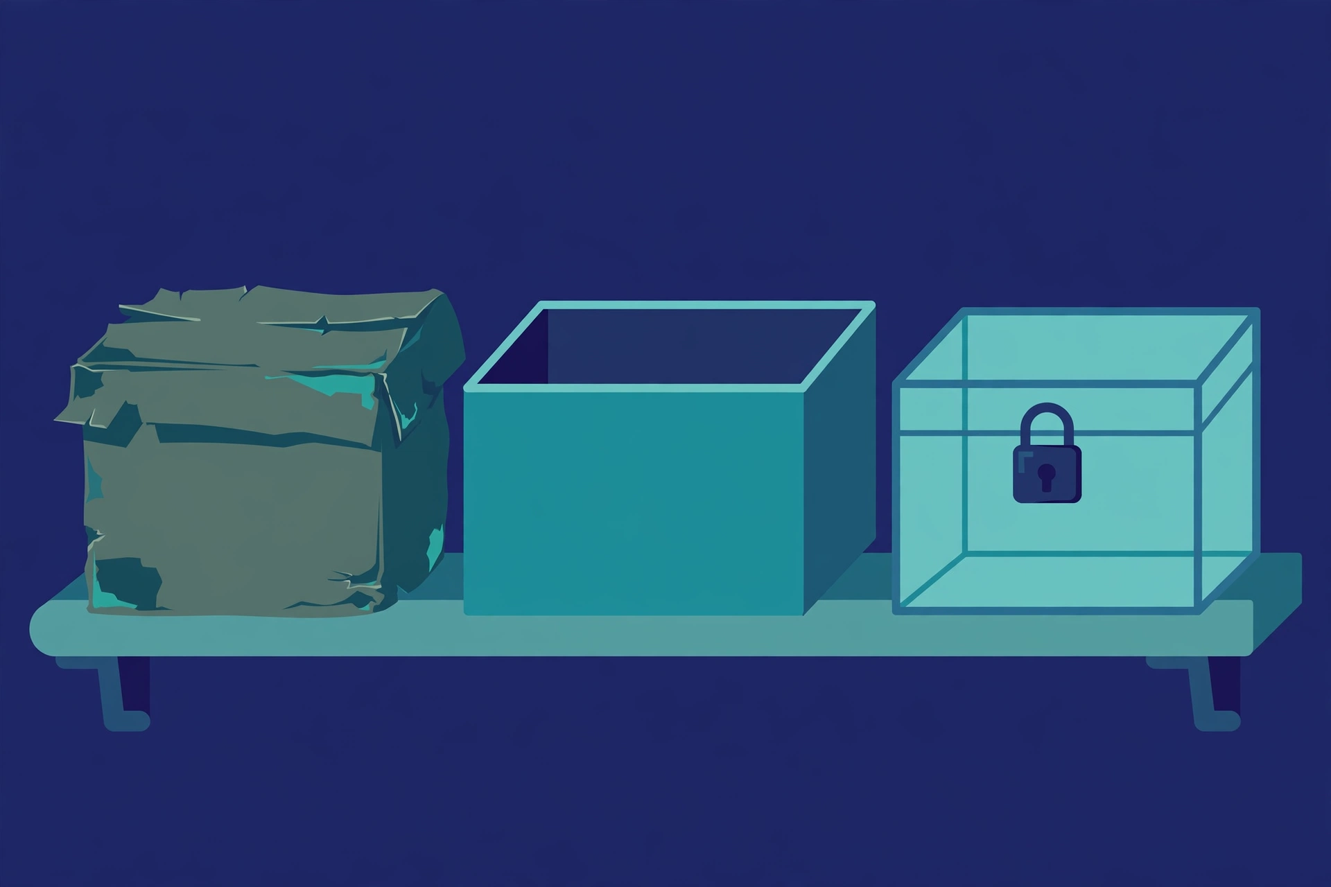 Three storage boxes showing var let and const scope illustration