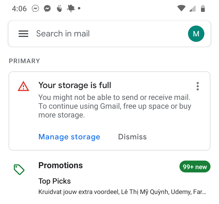 Gmail app showing the 'Your storage is full' warning at the top of the inbox, with a message that you might not be able to send or receive mail