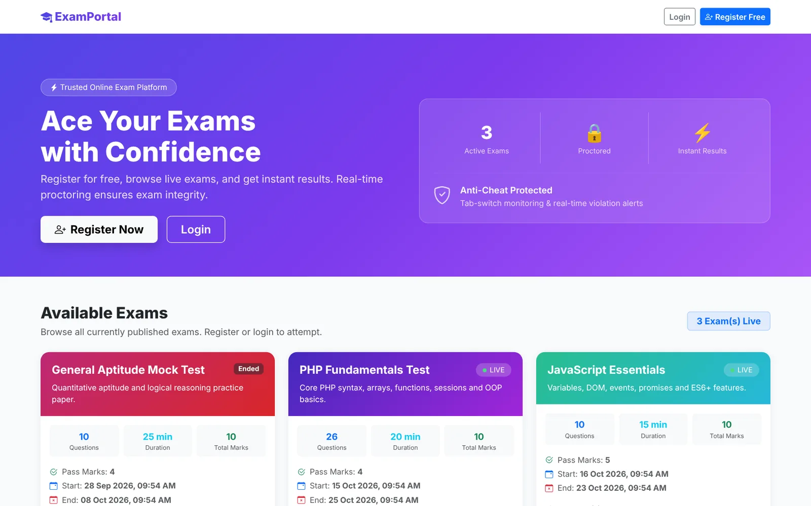 Online examination system homepage showing live, upcoming and ended exam cards