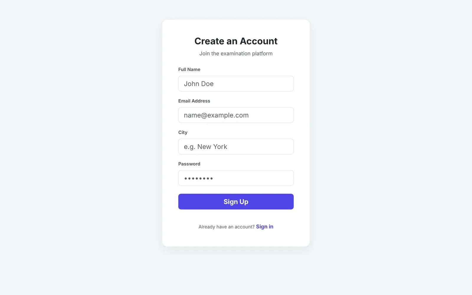 Student registration form with name, email, city and password