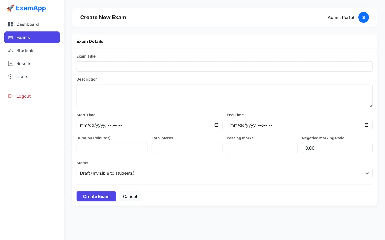 Create exam form with duration, start and end time, marks and negative marking