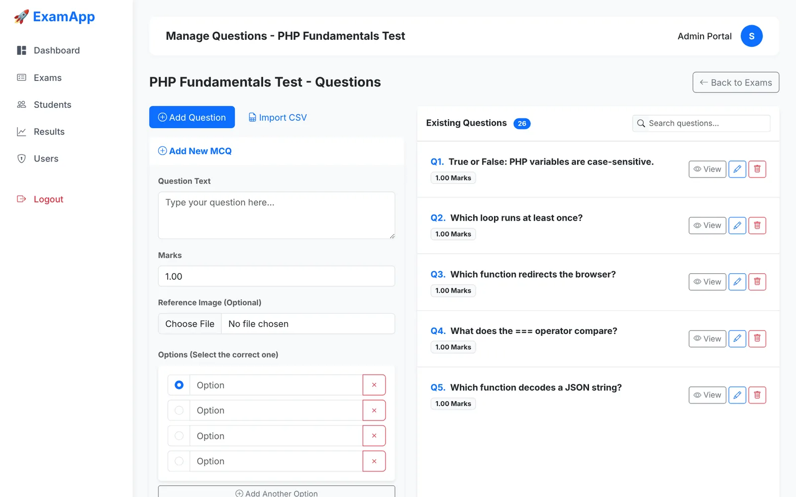 Question manager with add question form and paginated question list