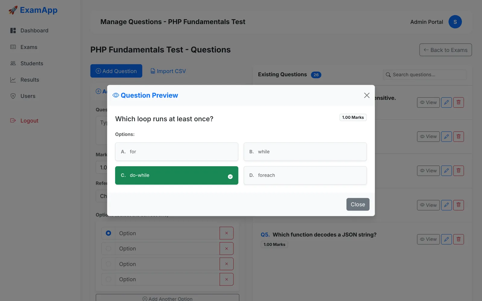Question preview modal with the correct option highlighted in green