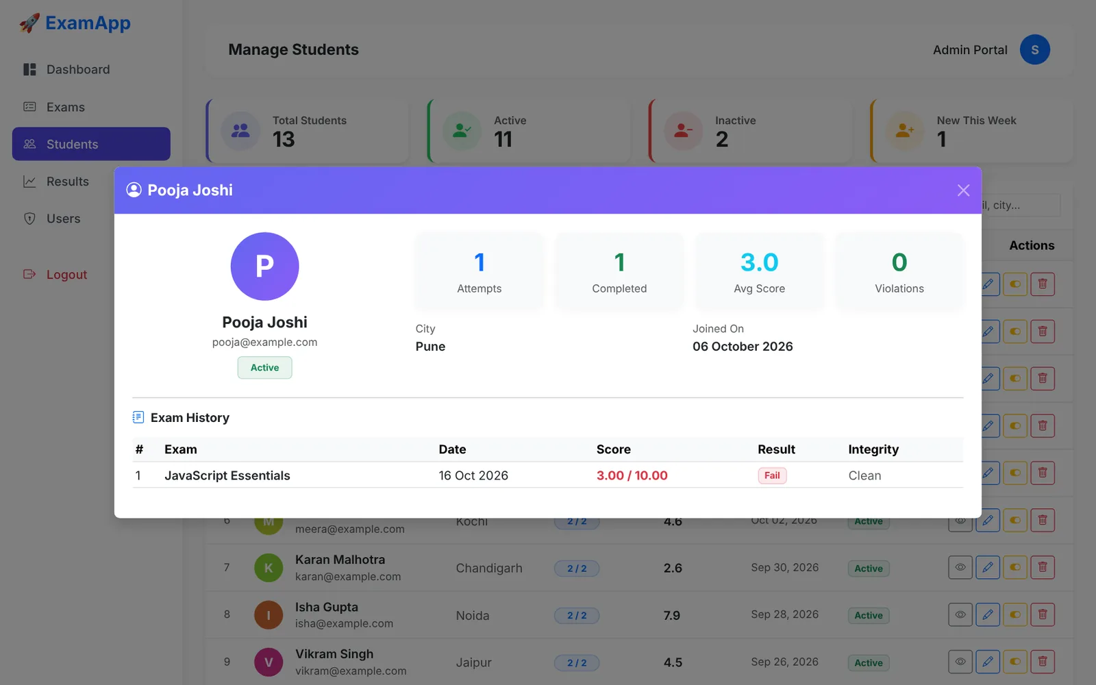 Student profile modal with attempts, violations and exam history
