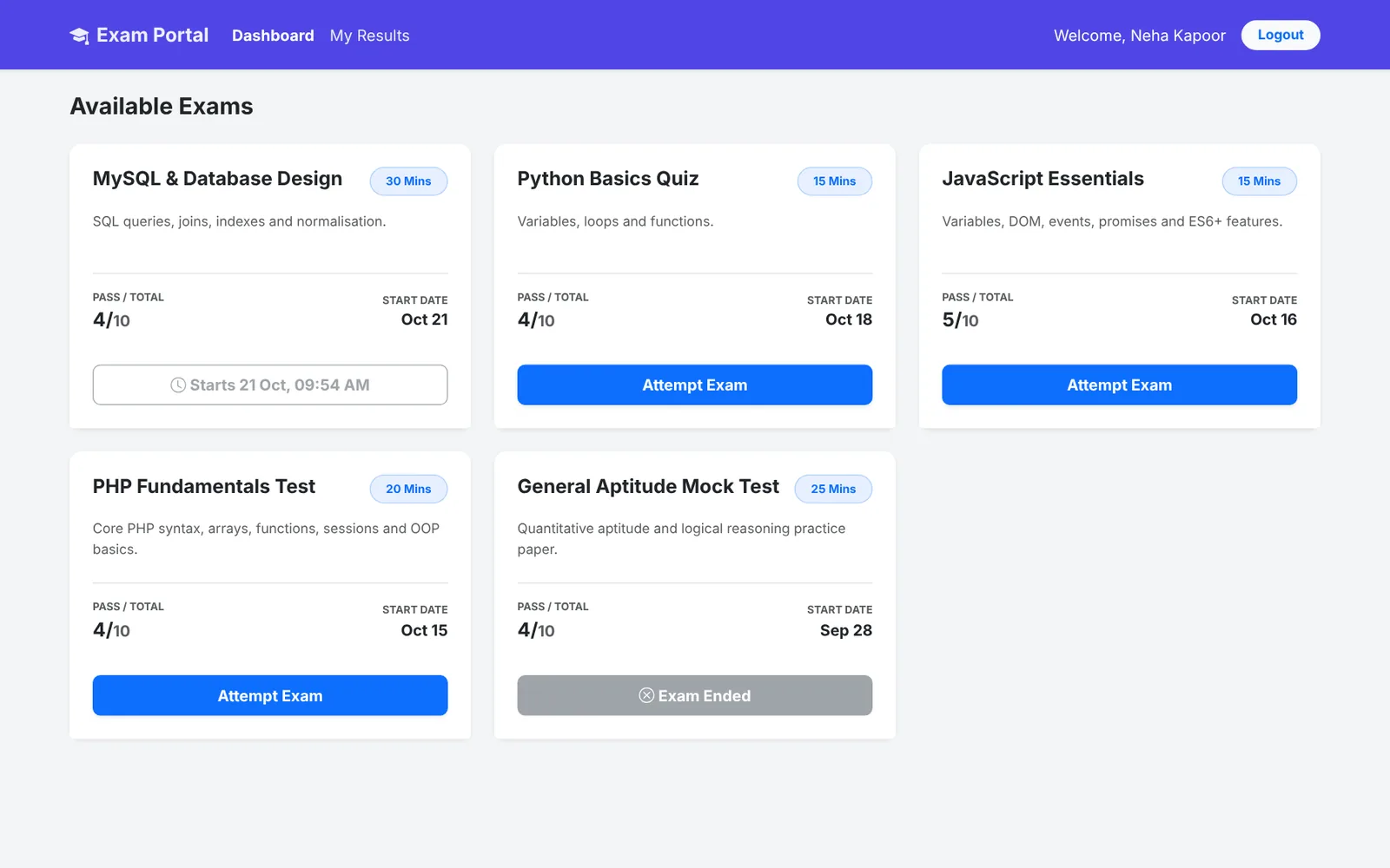 Student dashboard with attempt, upcoming and ended exam buttons