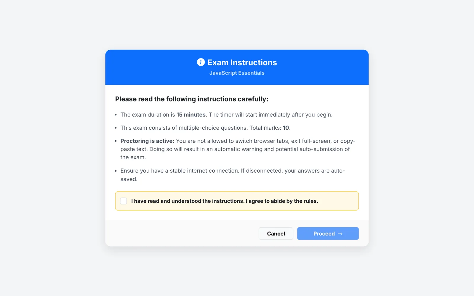 Exam instructions screen with the agreement checkbox