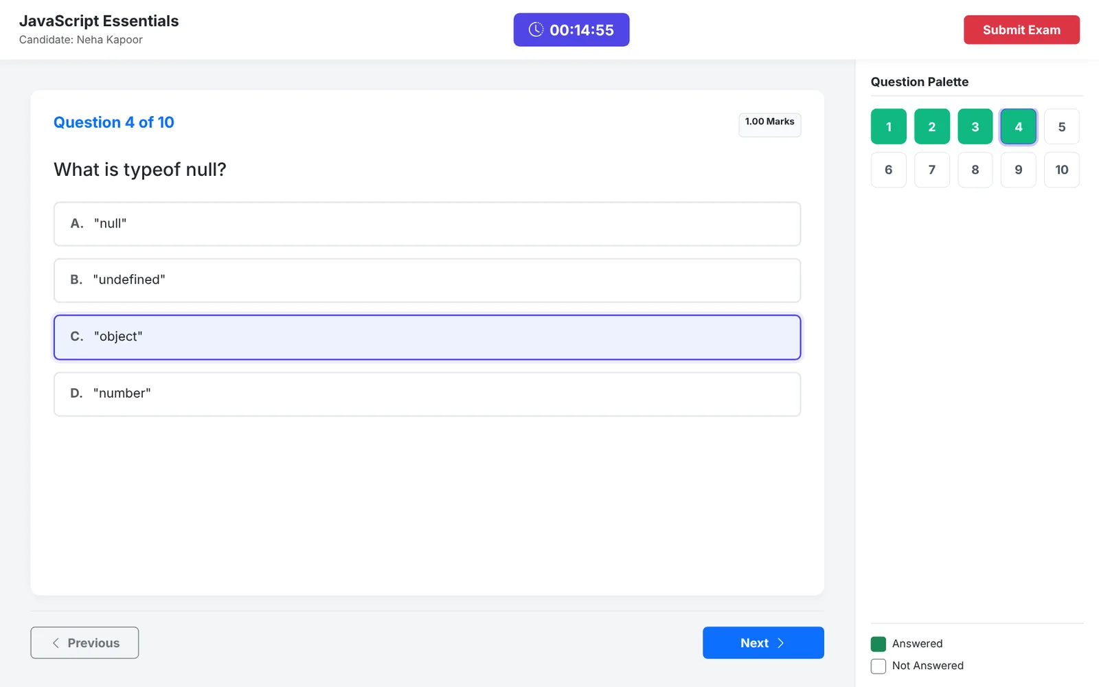 Exam screen with countdown timer, options and question palette