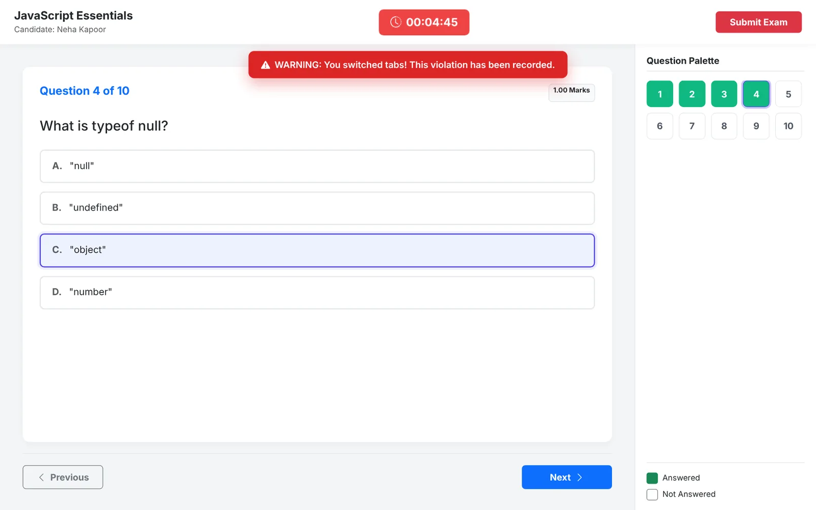 Proctoring warning after a tab switch with the red timer in the last five minutes