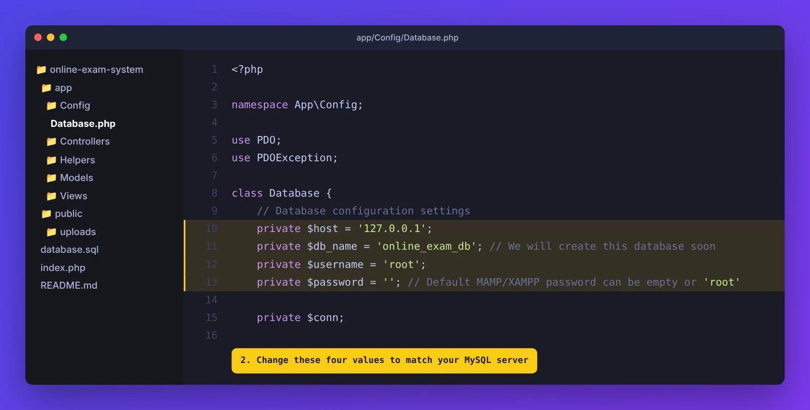 Database.php with host, database name, username and password highlighted