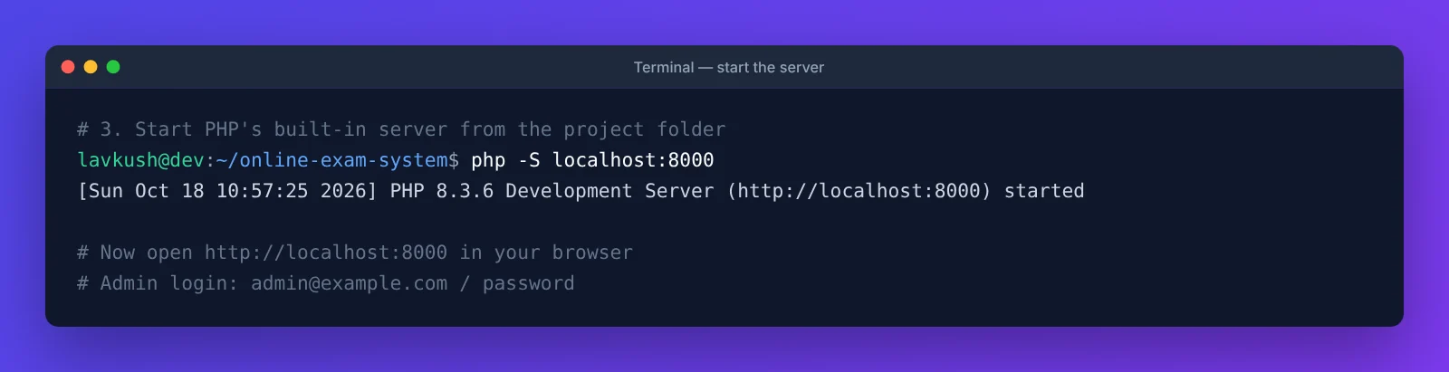 Terminal running php -S localhost:8000