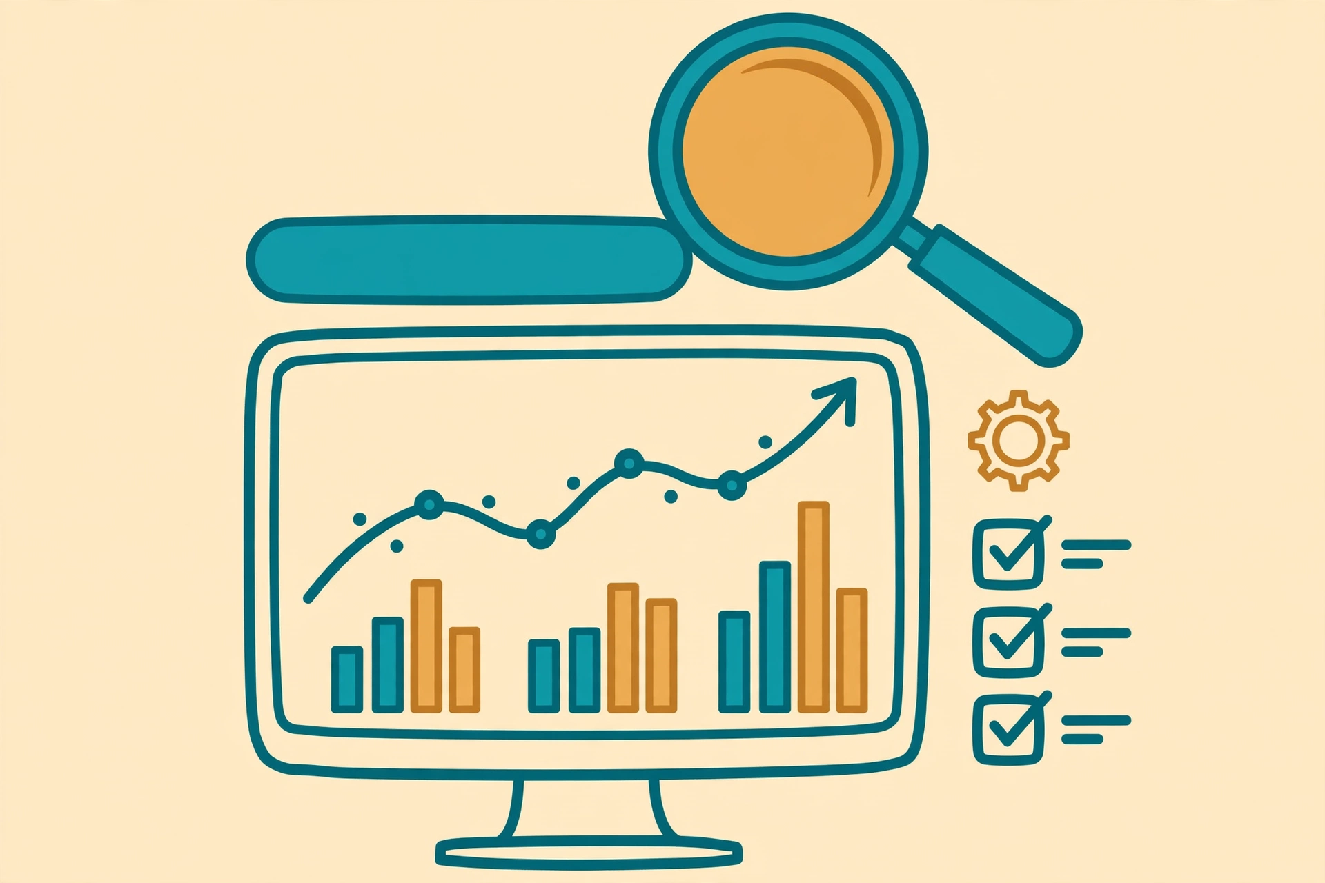 Illustration of an SEO dashboard with charts and a magnifying glass over a search bar