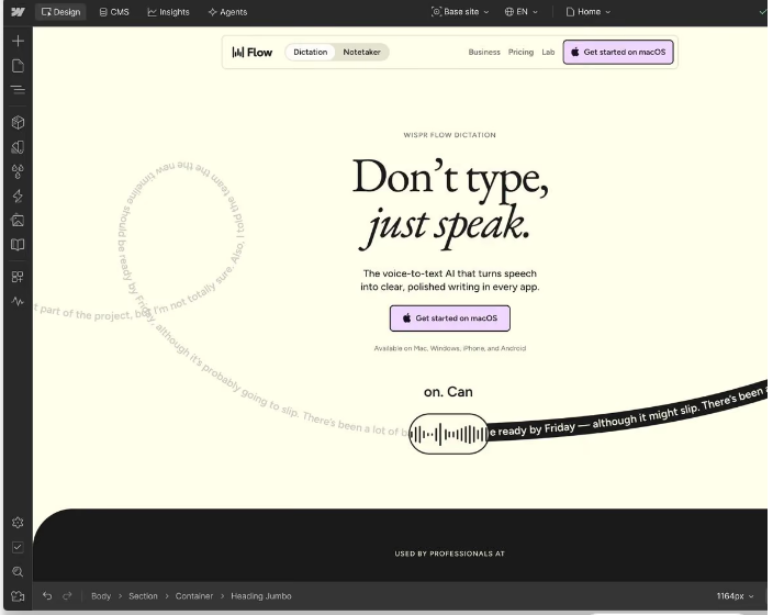 The Webflow Designer interface with a real website open on the canvas