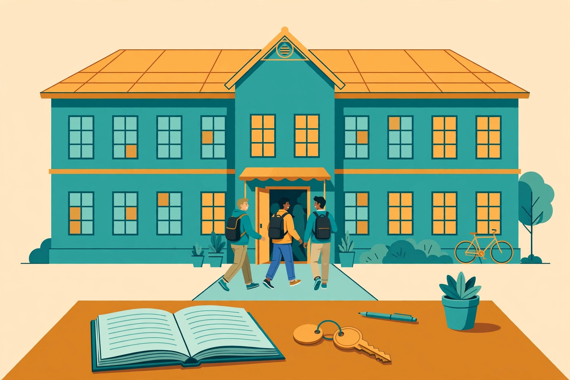 Illustration of a college hostel building with students