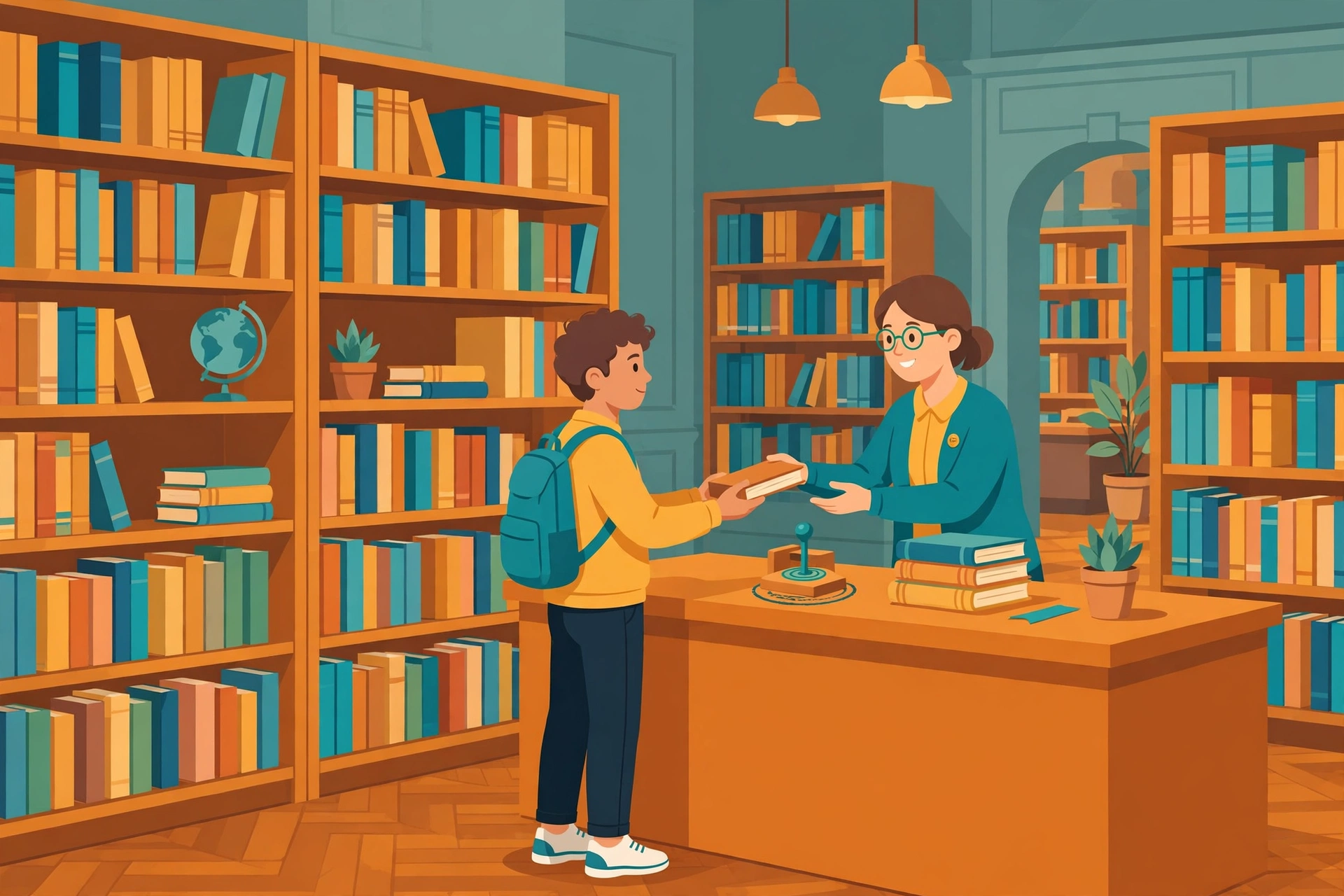 Illustration of a college library with bookshelves and a librarian desk