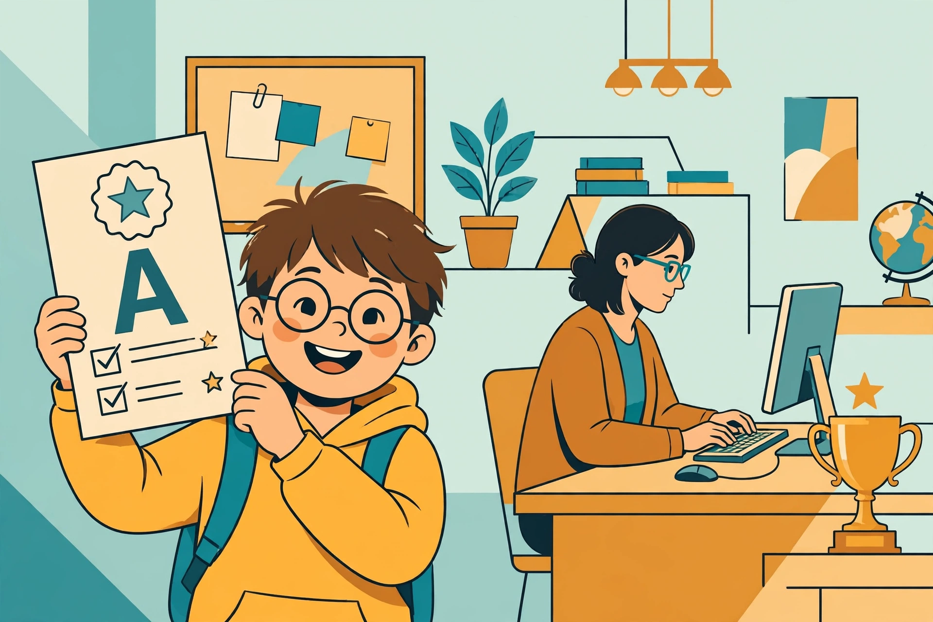 Illustration of a student holding a marksheet with an A grade