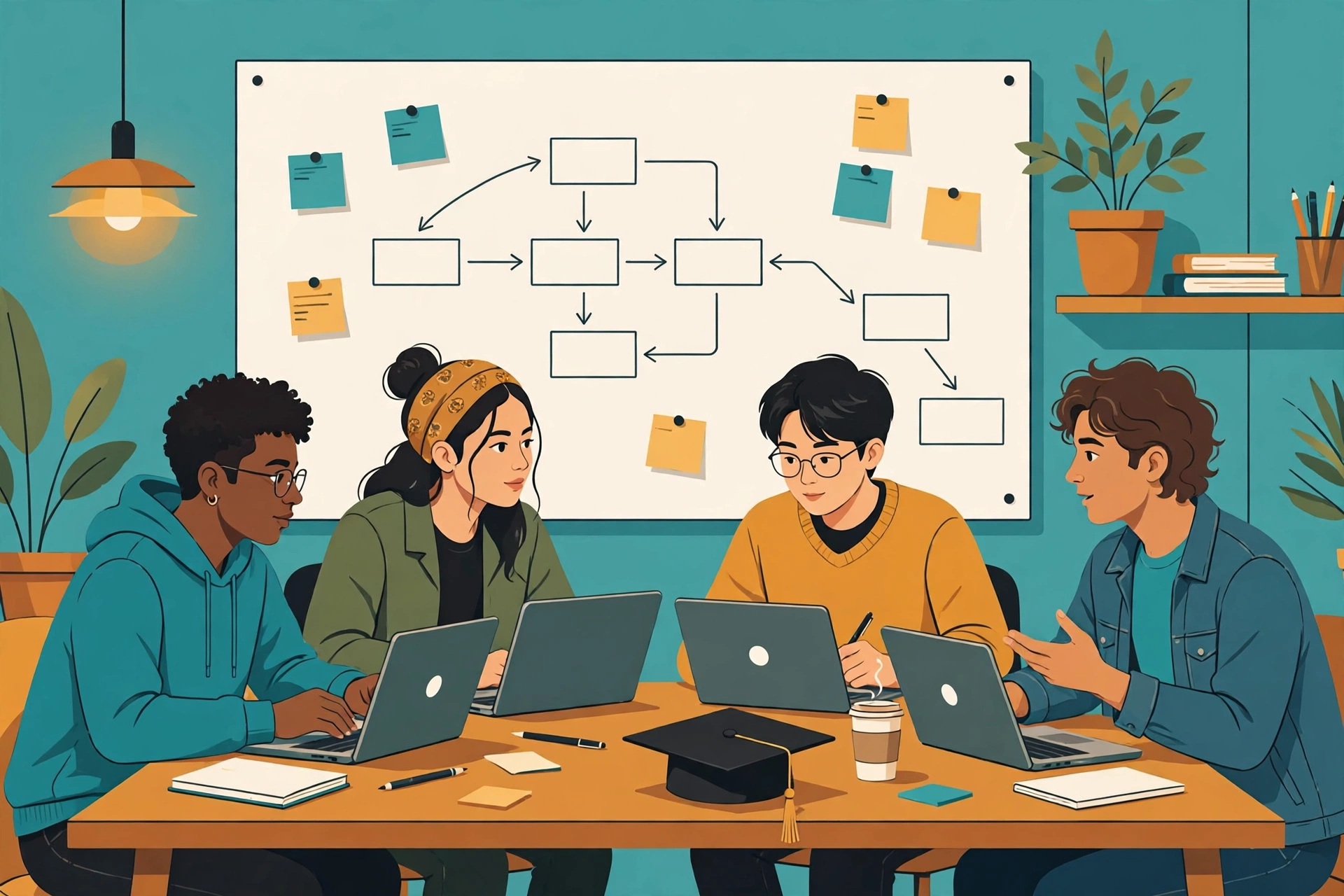 Illustration of college students planning a final year project with laptops
