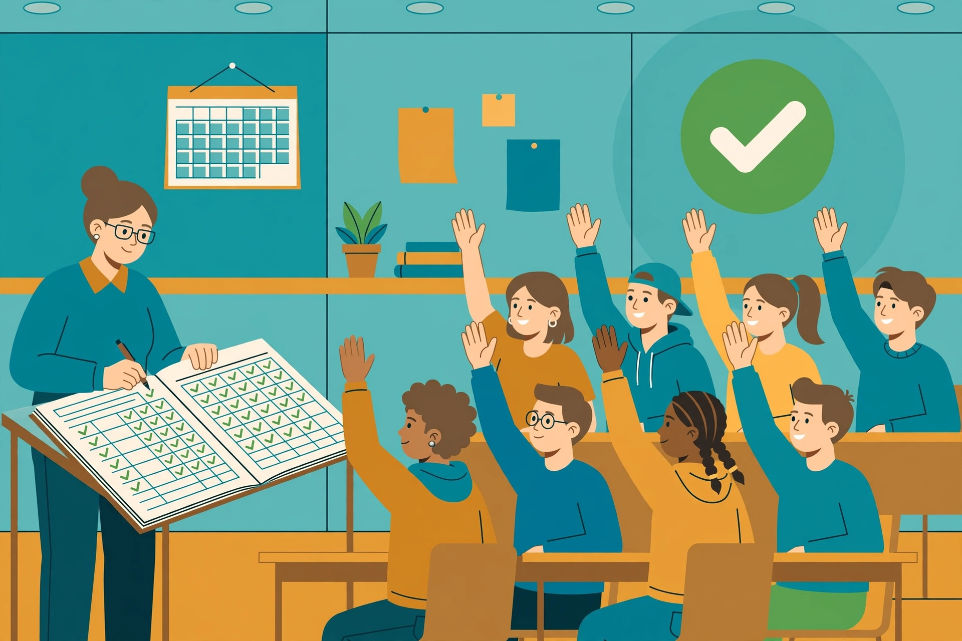 Illustration of a teacher marking an attendance register in a classroom