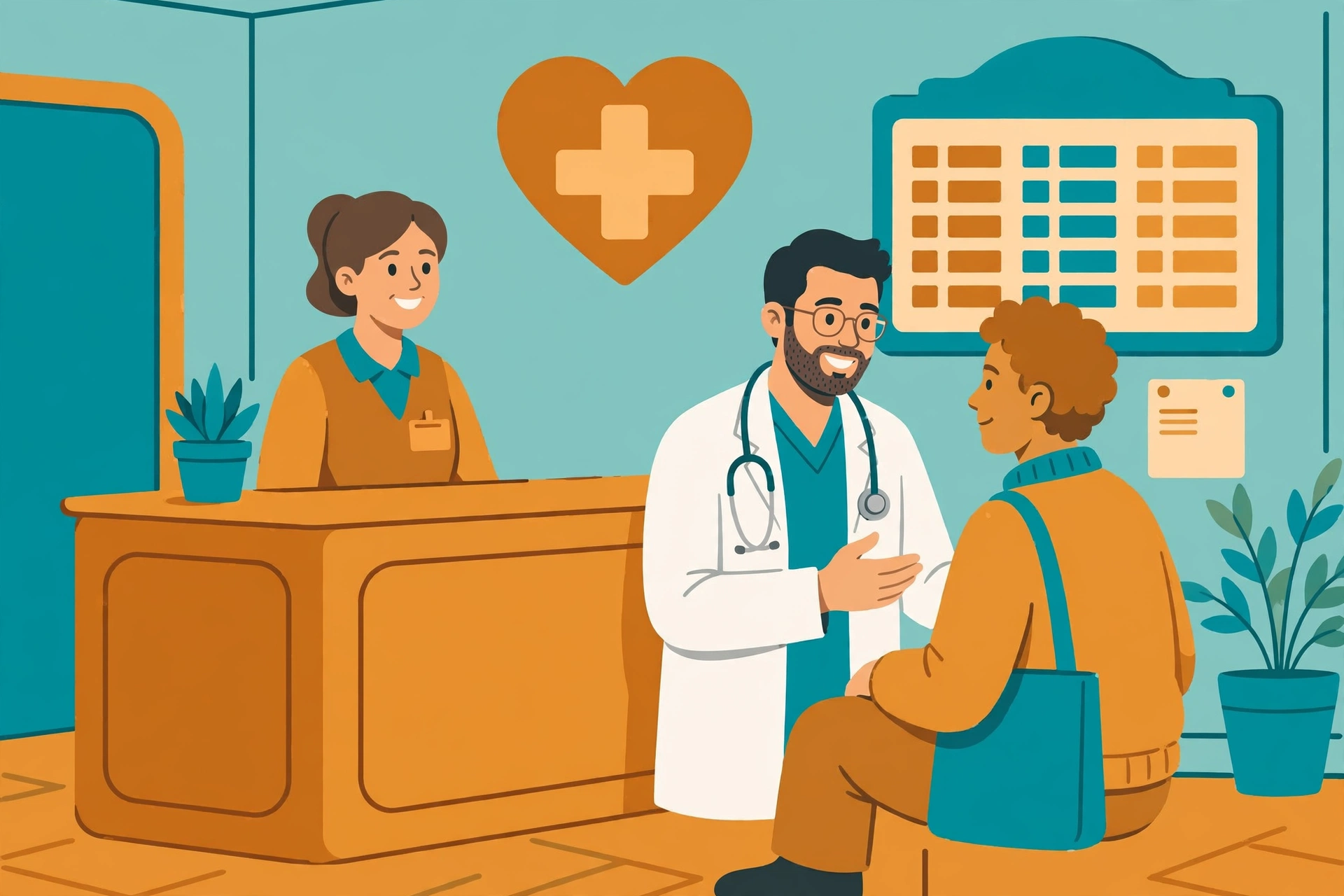 Illustration of a hospital reception with a doctor and patient