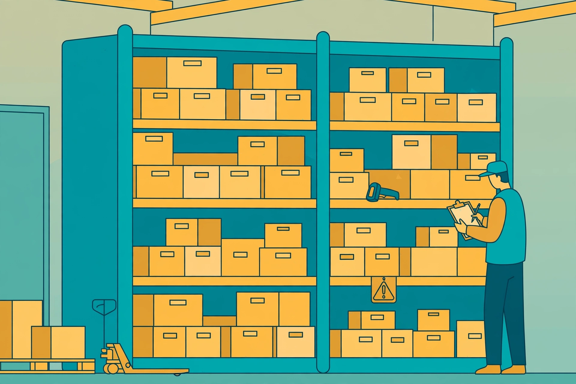 Illustration of a warehouse worker checking stock on shelves