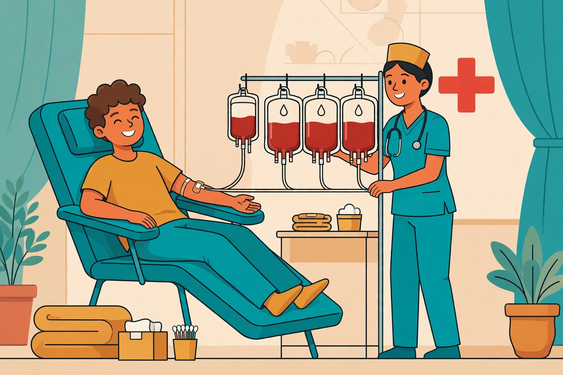 Illustration of a blood donation camp with a donor and nurse