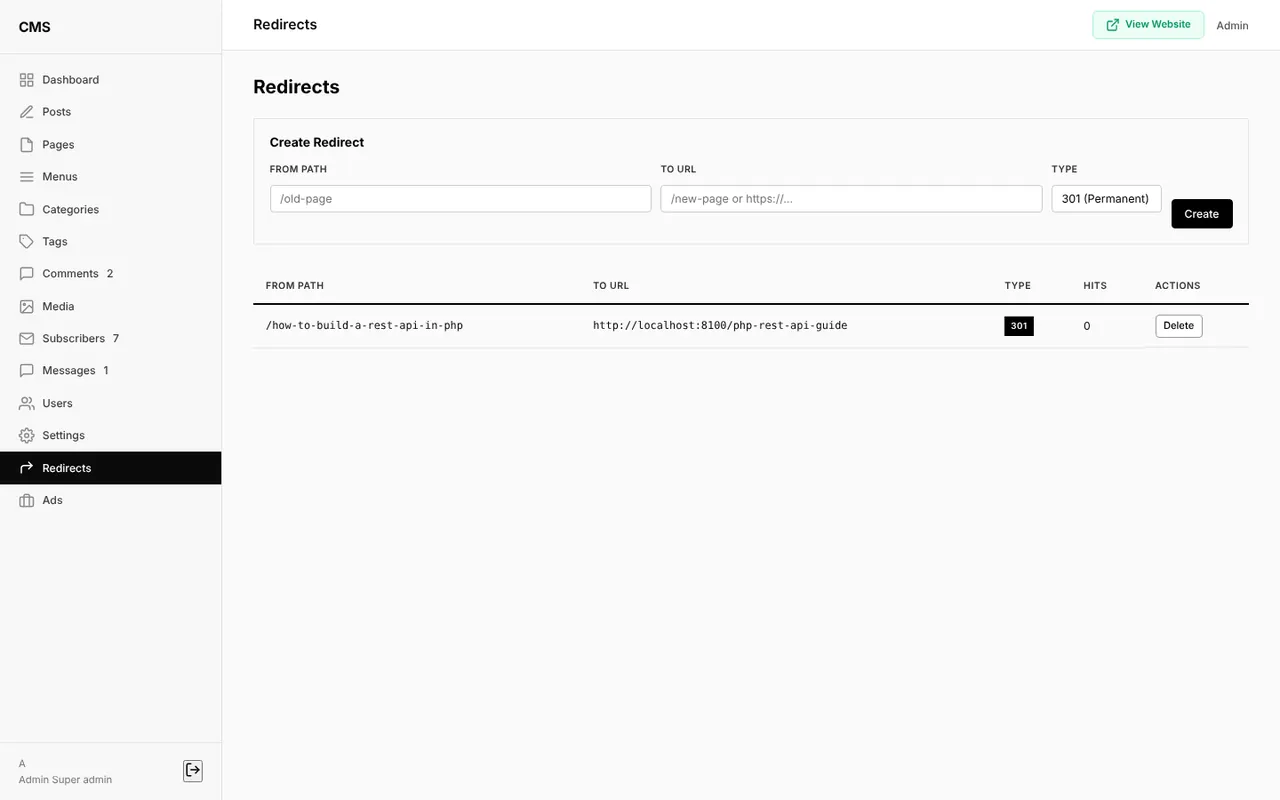 |Redirects page showing an automatic 301 redirect from the old slug