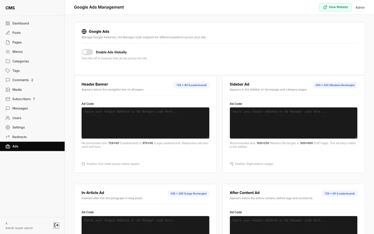 |Google Ads management with ad slots and a global on/off switch