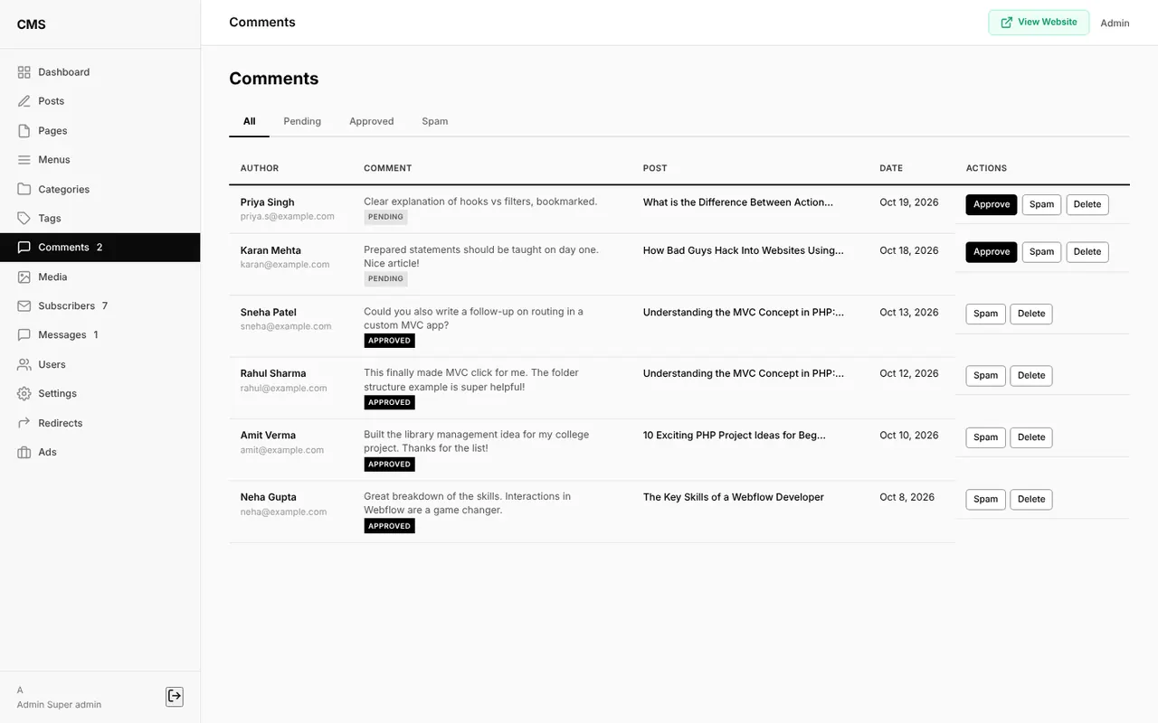 |Comment moderation with approve, spam and delete buttons