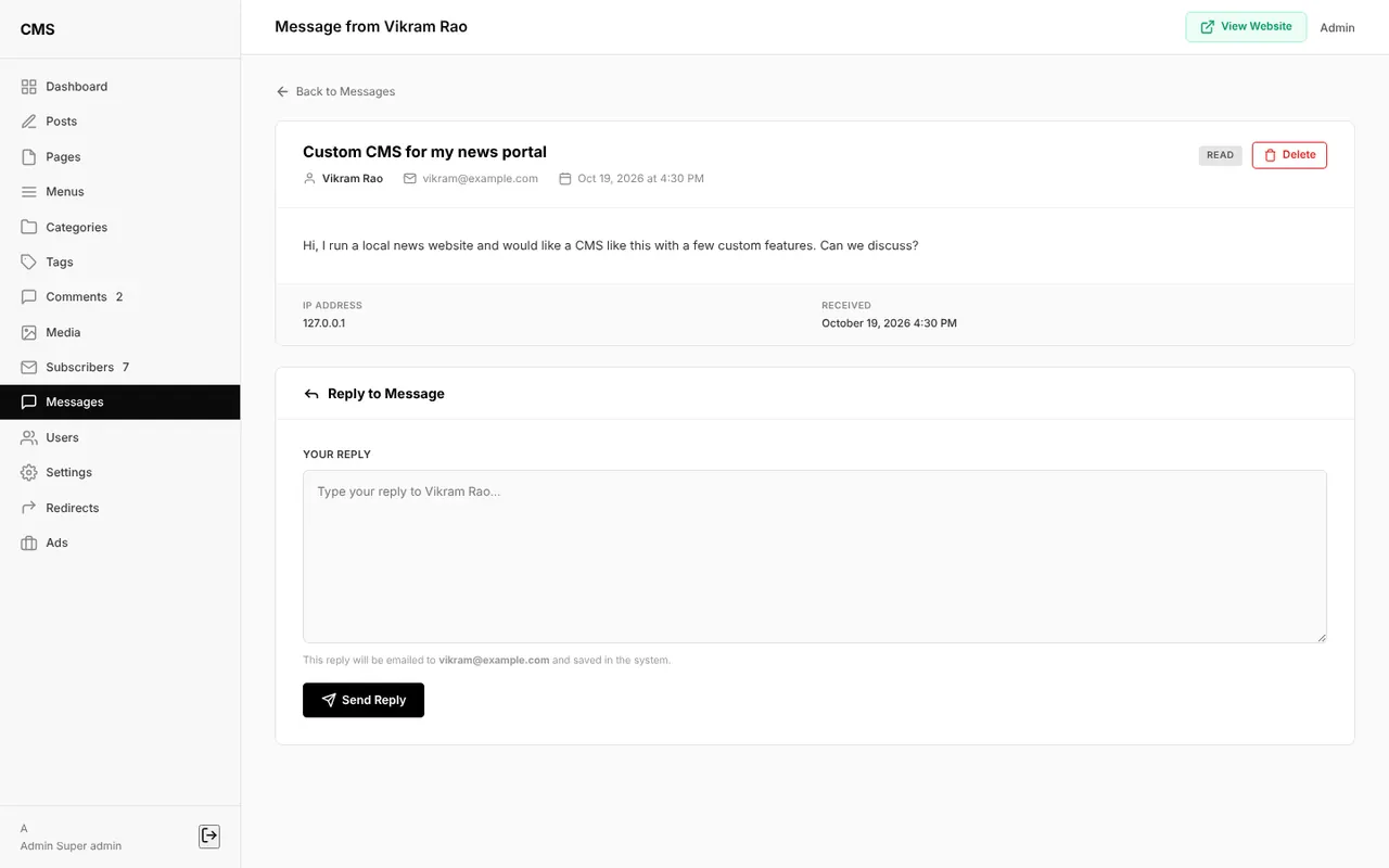|Contact message with the reply form