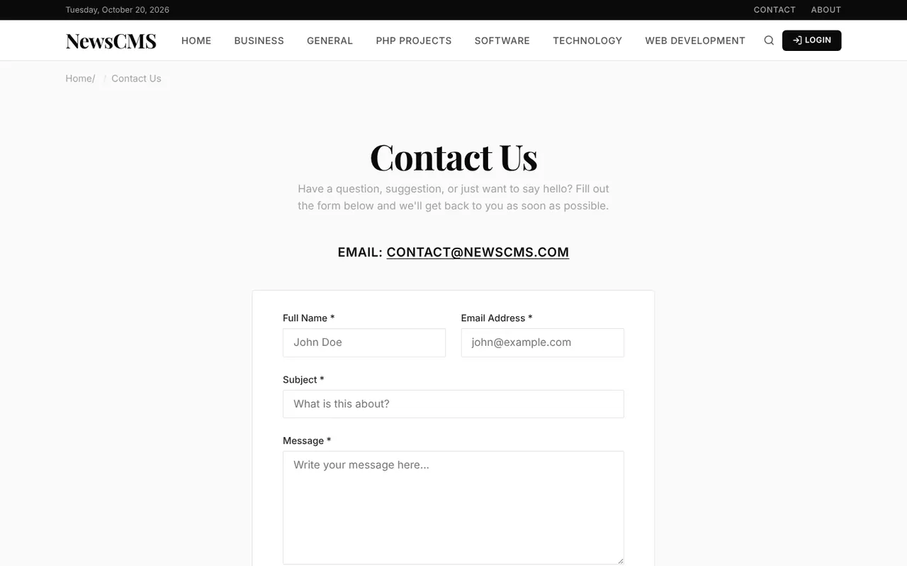 |Contact us page with name, email, subject and message fields