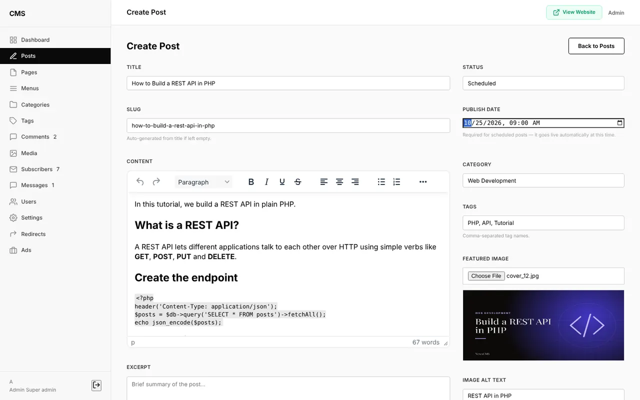 |Create post screen with title, slug, rich text editor, category, tags and featured image