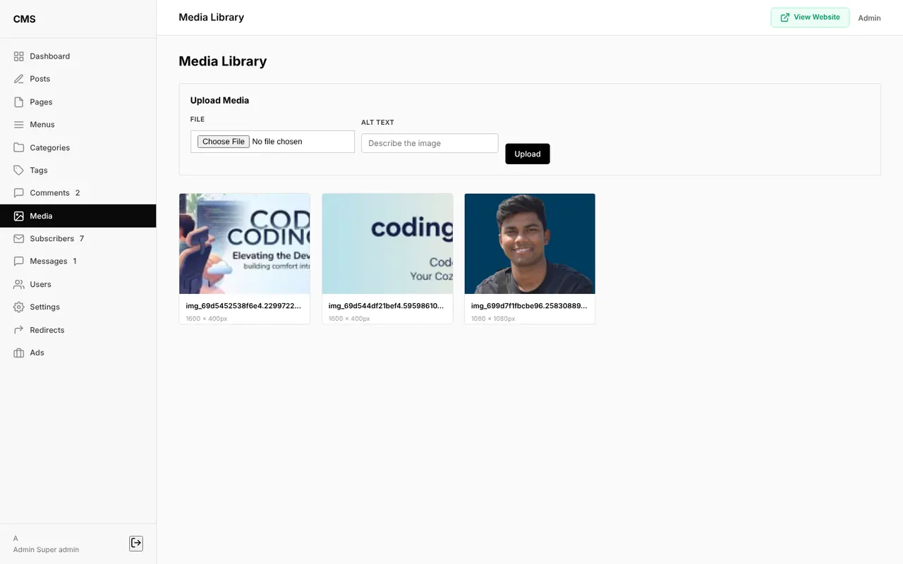 |Media library with upload form and image grid