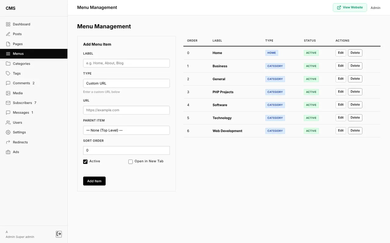 |Menu manager with menu items, types, order and status