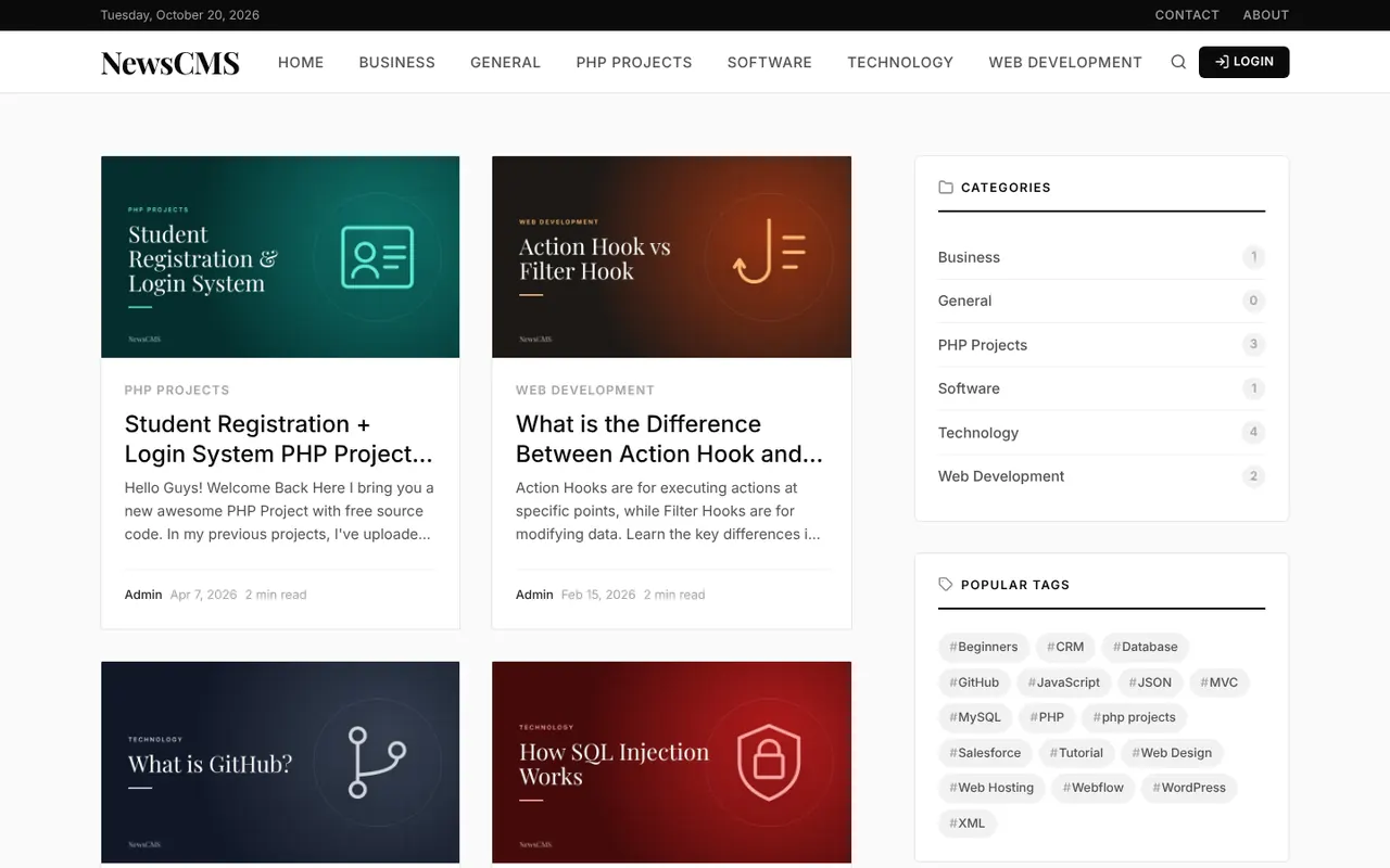 |News CMS homepage with article cards, categories, popular tags and newsletter box
