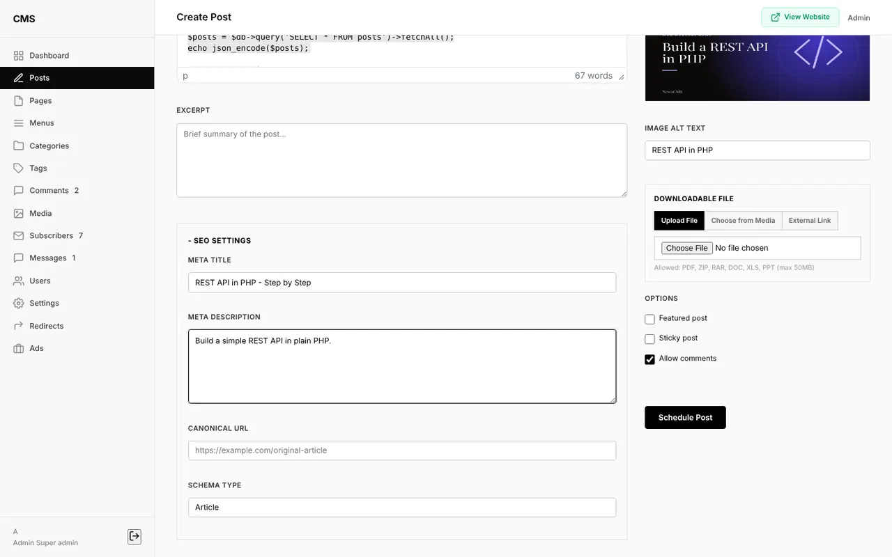 |Post SEO settings with meta title, meta description, canonical URL and schema type