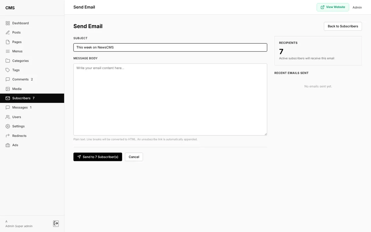 |Send email screen for writing a newsletter to all subscribers