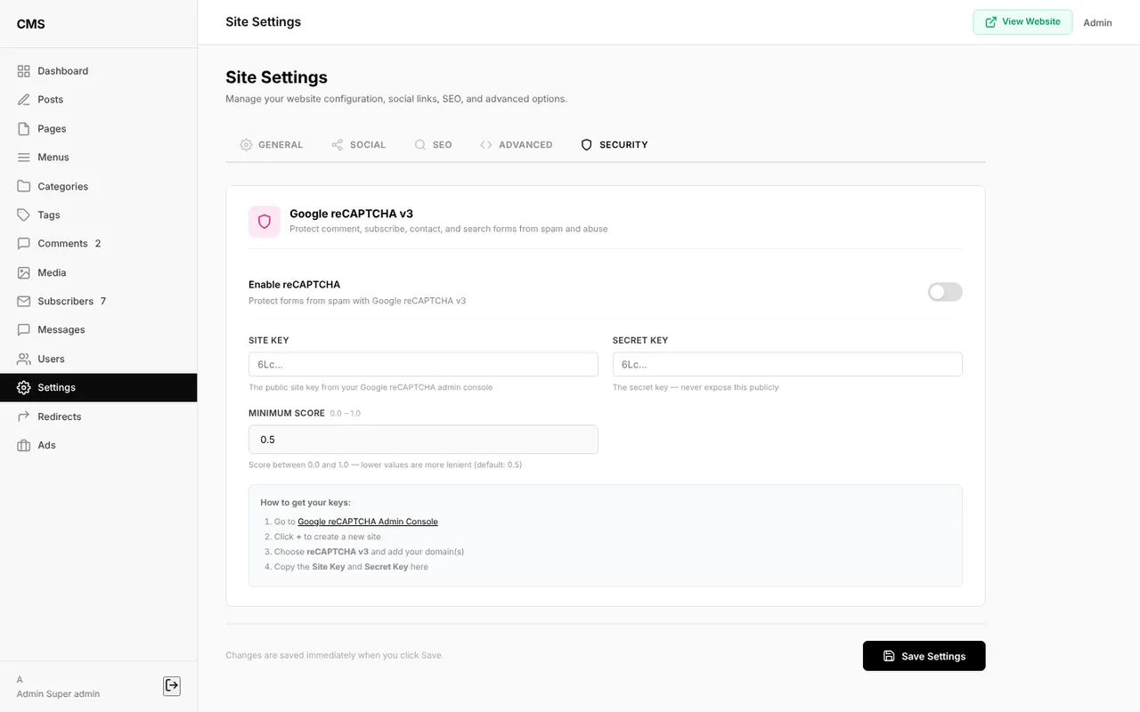 |Security settings with Google reCAPTCHA v3