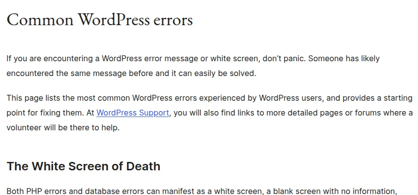 Screenshot of the official WordPress handbook page listing common WordPress errors and the white screen of death