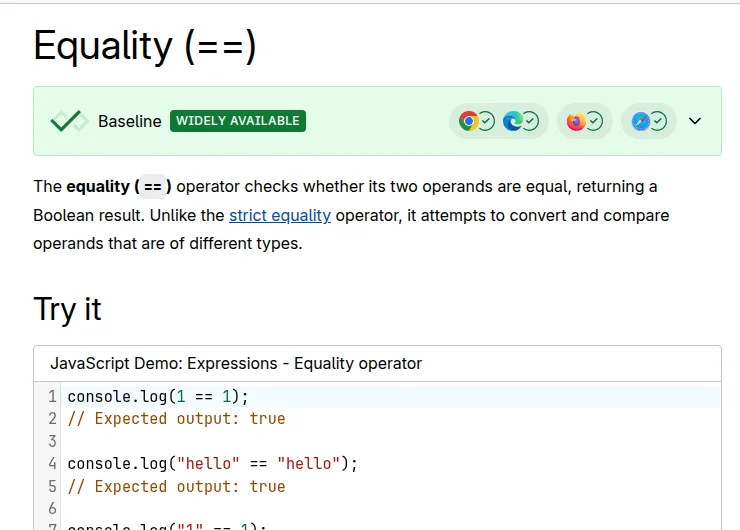 Screenshot of the MDN Equality operator page, which explains how == converts types before comparing