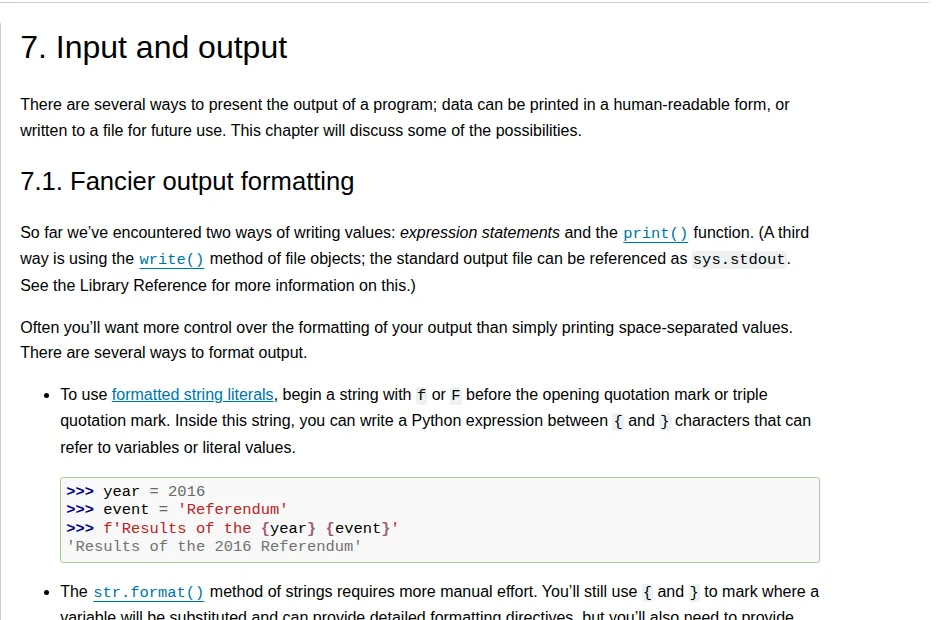 Screenshot of the official Python tutorial page on input and output, covering reading and writing files