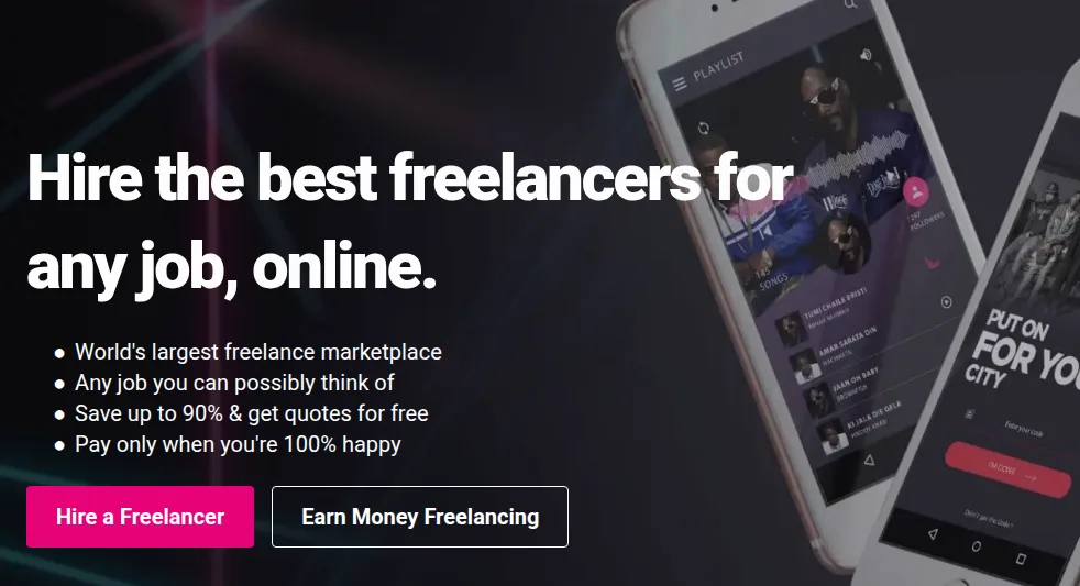 Screenshot of the Freelancer.com homepage, a marketplace where freelancers find online work and clients hire them