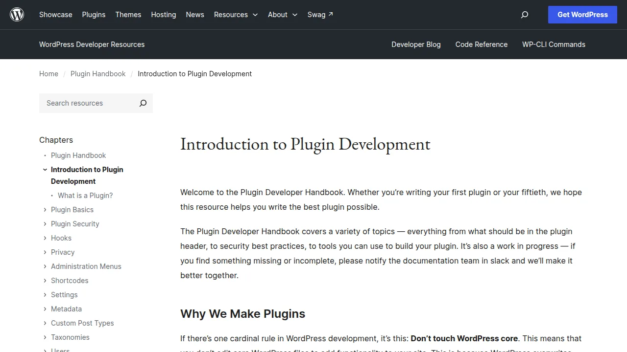 Real screenshot of the official WordPress developer handbook introduction to plugins page