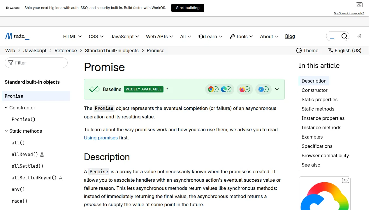 Real screenshot of the MDN Web Docs page for the JavaScript Promise object