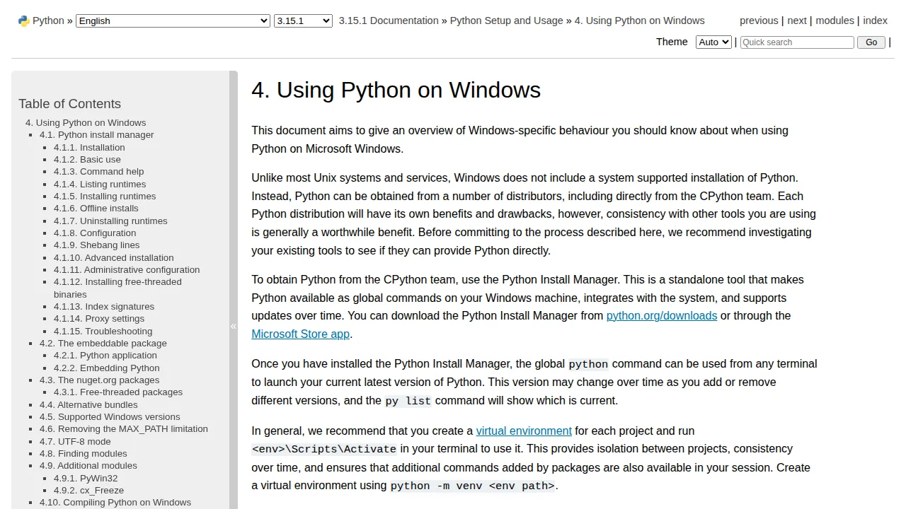 Real screenshot of the official Python documentation page about using Python on Windows