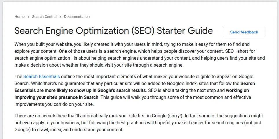 Screenshot of Google's official SEO Starter Guide on Google Search Central